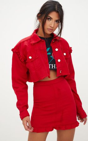 Red Ruffle Cropped Denim Jacket | Jackets | PrettyLittleThing