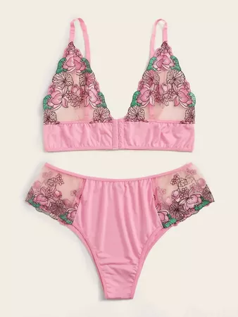 Plus Floral Embroidered Mesh Lingerie Set | SHEIN USA