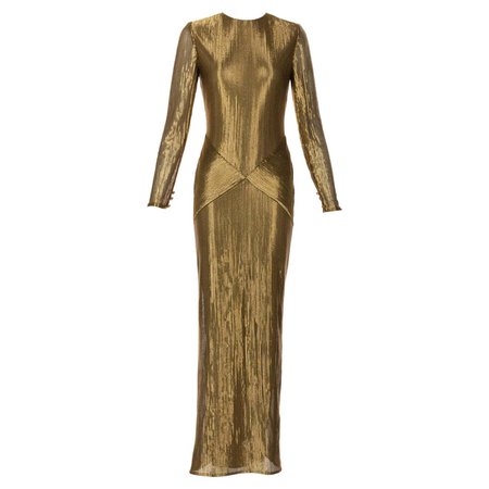 Bill Blass Gold Metal Fishtail Column Maxi Dress, 1980s For Sale at 1stDibs