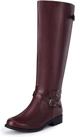 Amazon.com | Ermonn Womens Knee High Boots Wide Calf Flat Low Heel Side Zipper Faux Leather Fashion Winter Riding Boot | Knee-High
