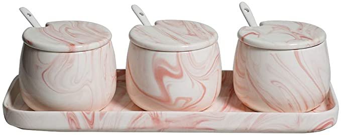 Amazon.com | Black White Ceramic Sugar Bowls Condiment Pots Spice Jars Seasoning Box Set with Lid Spoon and Tray-Sets of 3: Sugar Bowls