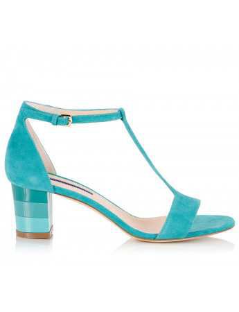 Alberto Guardiani SALLY T-strap turquoise suede leather color-block mid heel sandals | Fratelli Karida Shoes