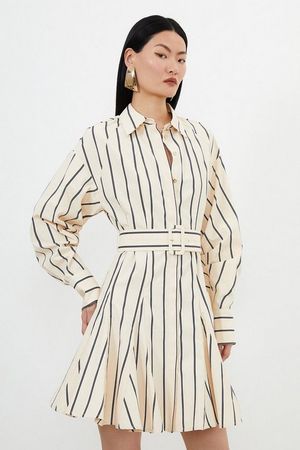 Cotton Stripe Godet Insert Woven Shirt Dress | Karen Millen