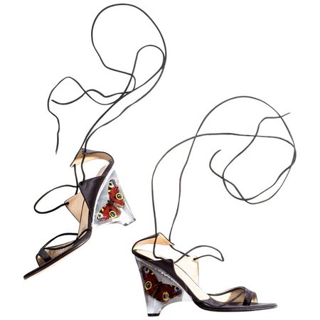 Alexander McQueen black satin wedge sandals with butterfly encased heel, ss 2003 For Sale at 1stdibs