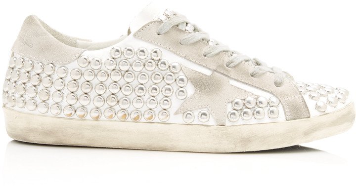 Superstar Distressed Studded Suede And Leather Sneakers