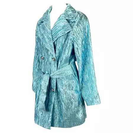 S/S 1994 Gianni Versace Couture NWT Blue Metallic Crinkled Lamé Medusa Coat For Sale at 1stDibs