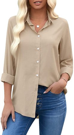 LookbookStore Women's Casual Button Down Shirt Collared Long Sleeve Loose Blouse Tops Solid Brown Size XX-Large at Amazon Women’s Clothing store