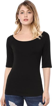 Allegra K Women's Half Sleeves Scoop Neck Fitted Layering Top Soft T-Shirt Large Black at Amazon Women’s Clothing store