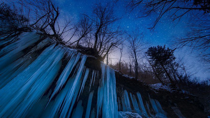 trees, night, frozen river, waterfall, nature, stars,