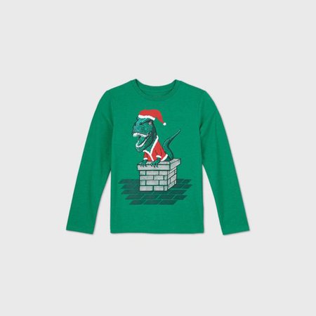 Boys' Long Sleeve Christmas Dinosaur Graphic T-Shirt - Cat & Jack™ Green : Target