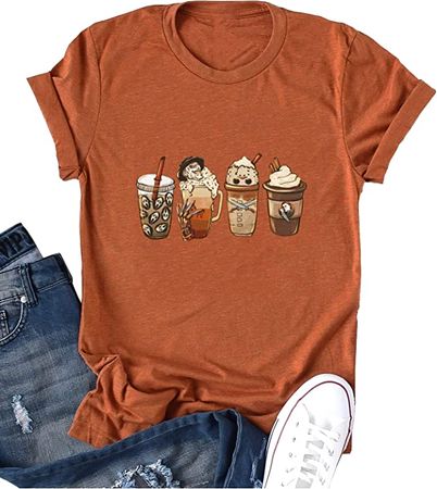 Ykomow Pumpkin Spice Coffee Latte T Shirt Womens Fall Thanksgiving Graphic Tees Holiday Shirts (Orange-2, M) at Amazon Women’s Clothing store
