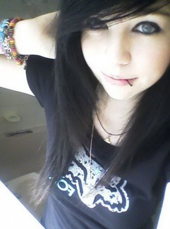 Emo girl with black hair & a lip ring.