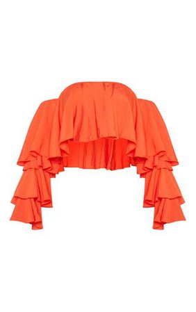 Bright Orange Woven Bardot Tiered Sleeve Crop Top | PrettyLittleThing