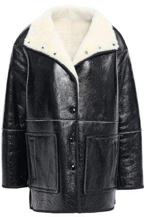 Shearling-trimmed Crinkled Patent-leather Coat