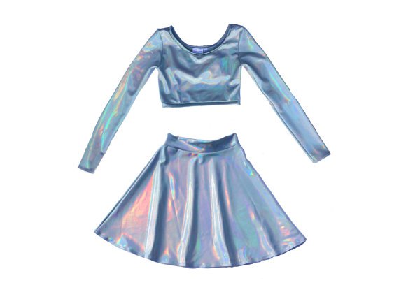 HOLOGRAPHIC Twosie Long Sleeve Crop and High Waist Circle Skirt Twin Set, Matching Set, Hologram, Holographic