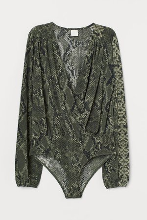 Draped Wrapover Bodysuit - Green/snakeskin-patterned - Ladies | H&M US