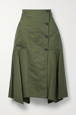 Nadia Asymmetric Linen And Cotton-blend Twill Midi Skirt - Army green