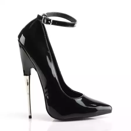 Devious SCREAM-12 Black Patent 6 Inch Metal Heel Ankle Strap Court Shoes