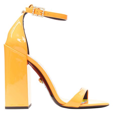 VERSACE SS19 Runway neon orange open toe square chunky heel sandals EU40 For Sale at 1stDibs