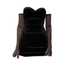 black velvet strapless dress with black gloves