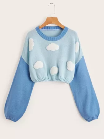 Cloud Pattern Colorblock Crop Sweater | ROMWE USA