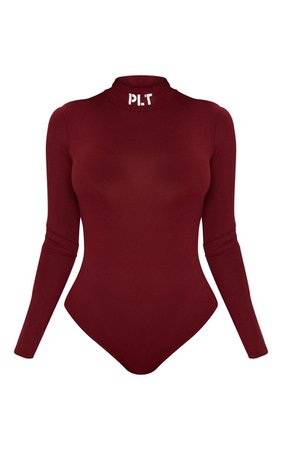 PLT Maroon Slogan High Neck Bodysuit | PrettyLittleThing USA