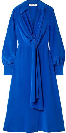 Tie-front Silk Crepe De Chine Midi Dress - Cobalt blue
