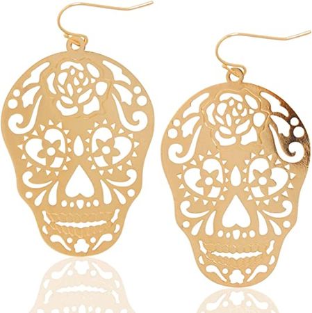 Amazon.com: Humble Chic Sugar Skull Earrings for Women - Day of the Dead Jewelry for Women - Dangly Skull Jewelry for Women - Halloween Dangle - Gothic Earring Drop - Hanging Goth Horror Accessories, Gold Tone: Clothing, Shoes & Jewelry