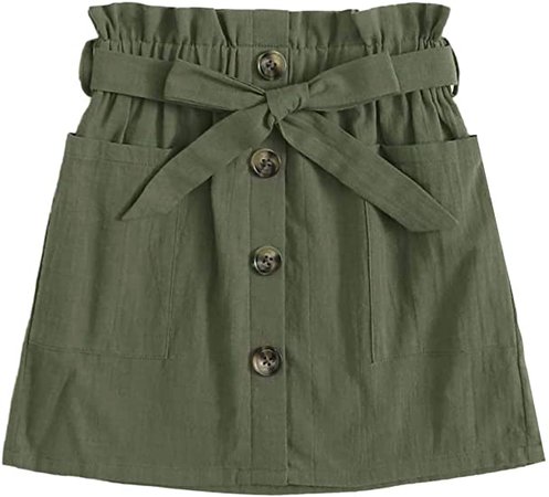 SOLY HUX Girl's Paper Bag Waist Button Front Pocket A Line Belted Skirt Army Green 10Y : Clothing, Shoes & Jewelry