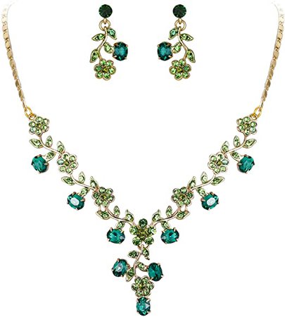 Amazon.com: EVER FAITH Flower Leaf Necklace Earrings Set Austrian Crystal Gold-Tone - Green: Clothing