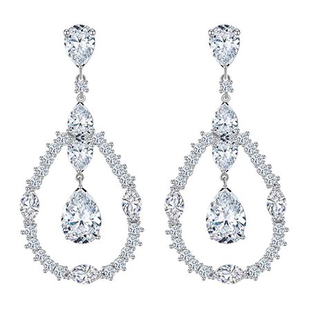 Bridal Drop Earrings, CZ Chandelier Birthstone Teardrop Wedding Dangle Earrings Jewelry, Silver: Clothing
