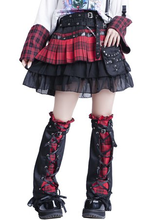 Punk Girl Skirt with Leg Warmers - Red Tartan x Black