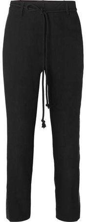 Belted Jacquard-trimmed Wool Tapered Pants - Black