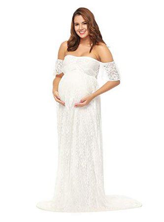JustVH Women's Off Shoulder Ruffle Sleeve Lace Maternity Gown Maxi Photography Dress at Amazon Women’s Clothing store: