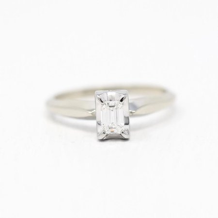 Vintage Engagement Ring 18k White Gold 1/4 Carat Emerald Cut | Etsy