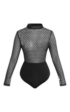Parva Black Sheer Metallic Flock Thong Bodysuit | PrettyLittleThing