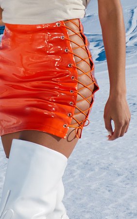 Neon Orange Vinyl Lace Up Mini Skirt | PrettyLittleThing USA