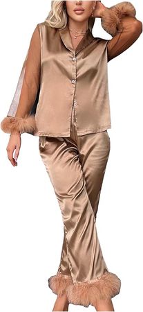 WDIRARA Women's Satin Fuzzy Trim Mesh Long Sleeve Button Down Pajamas Pants Set Sleepwear at Amazon Women’s Clothing store