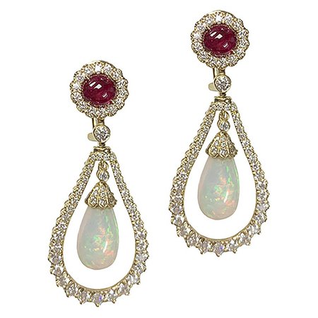 Opal Drops and Ruby Earrings with Diamonds