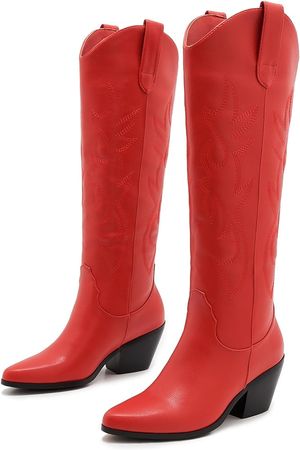 Amazon.com | ZXHYZLZ Women's Cowboy Boots Knee High Seam Mid Heel Block Heel Almond Pointed Toe Fashion Classic Cowgirl Boots Slip-On Size9 | Shoes