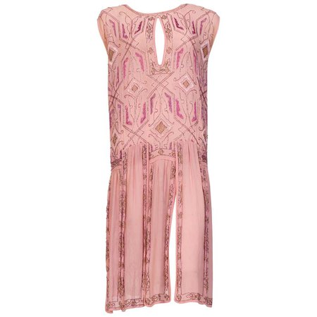 1920s Hand Embroidered and Beaded Sheer Pink Flapper Dress For Sale at 1stdibs