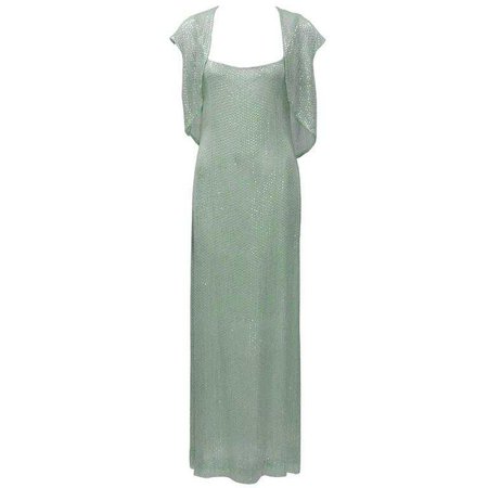 1970's Halston Mint Green Sequin Gown and Bolero For Sale at 1stdibs