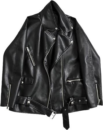 LY VAREY LIN Women Black Faux Leather Jackets Casual Short Oversized Coat  Asymmetrical Motor Biker Jacket (Black, L) at  Women's Coats Shop