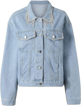 Women's Jean Jacket Rhinestone Tassel Denim Jackets Fashion Diamond Crystal Fringe Button Cropped Trucker Jackets at Amazon Women's Coats Shop
