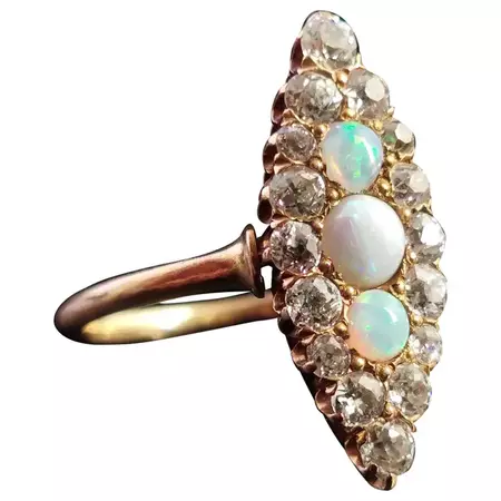 Antique Diamond and Opal Navette Ring, 18 Karat Yellow Gold, Edwardian For Sale at 1stDibs