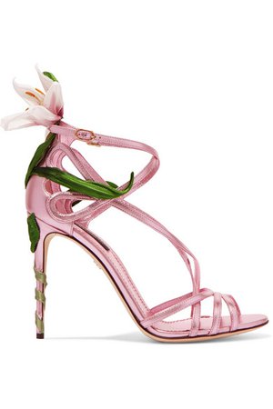 Dolce & Gabbana | Sandales en cuir métallisé à appliqués fleuris | NET-A-PORTER.COM