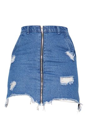 Dark Wash Distressed Zip Front Denim Skirt | PrettyLittleThing