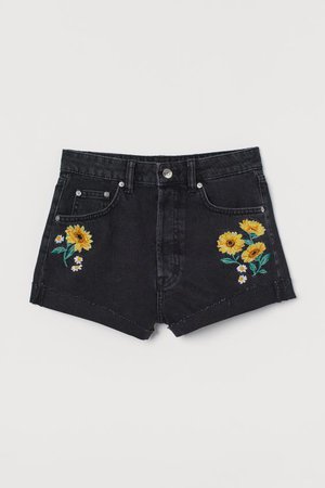 Embroidered denim shorts - Black/Sunflowers - Ladies | H&M GB