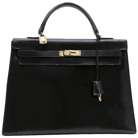 HERMES 'Kelly 35' Vintage Bag in Black Box Leather For Sale at 1stdibs