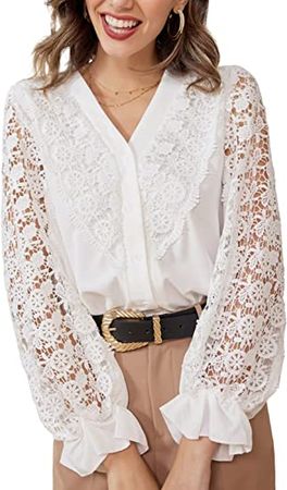 Kate Kasin Womens Lace Crochet Long Sleeve Blouse Victorian V Neck Keyhole Dressy Elegant Chiffon Tops Button Down Shirts at Amazon Women’s Clothing store